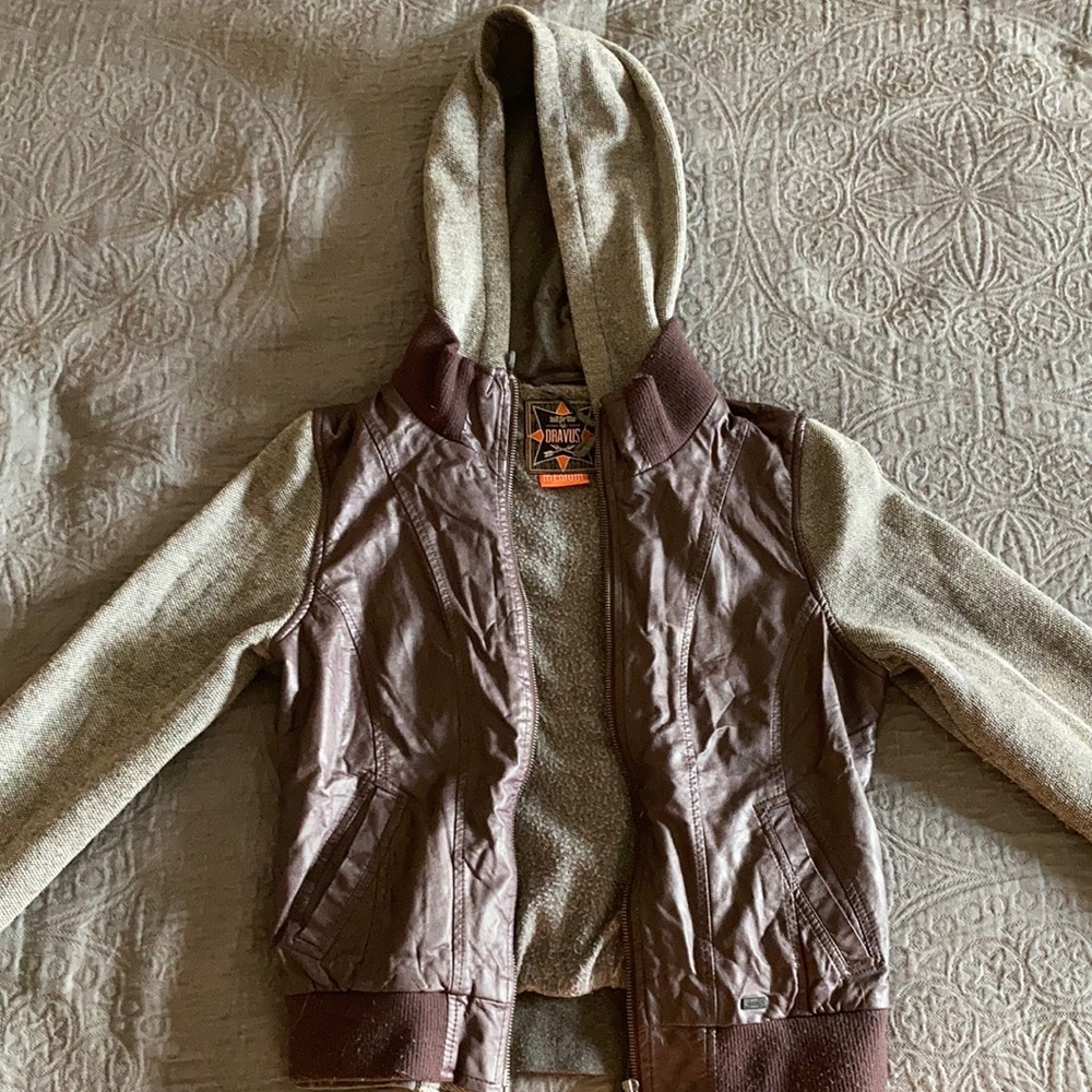 zipup hoodie with faux leather. Purple/brown leather with grey hood and sleeves